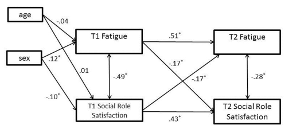 Cross Lag Model showing Fatigue and Social Role Satisfaction